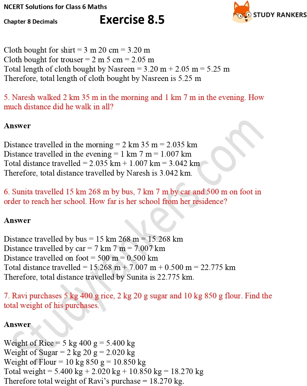 NCERT Solutions for Class 6 Maths Chapter 8 Decimals Exercise 8.5 Part 2