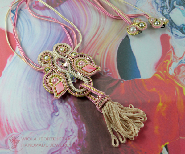 Handcraft jewelry. Stylish and luxury jewelry.  beautiful pink soutache necklace, swarovski, tassel