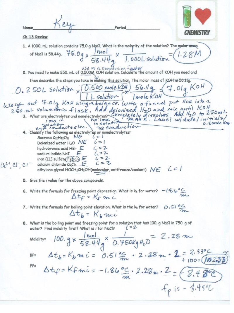 Chemistry Honors Reviewed for Ch 13 Test tomorrow Thurs 3/12; Review
