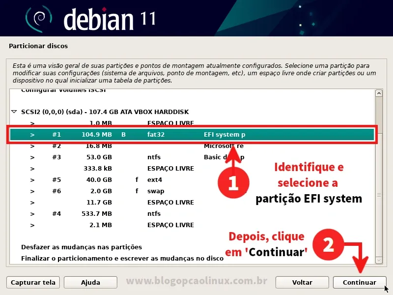 Identifique e selecione a partição 'EFI system p'