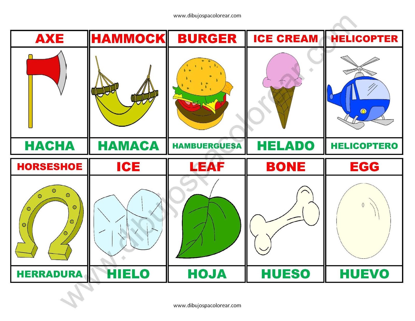 Memorama a color Español Ingles de la letra H