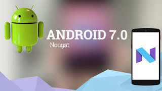 Android nougat with mobile phone in the image with Android robot