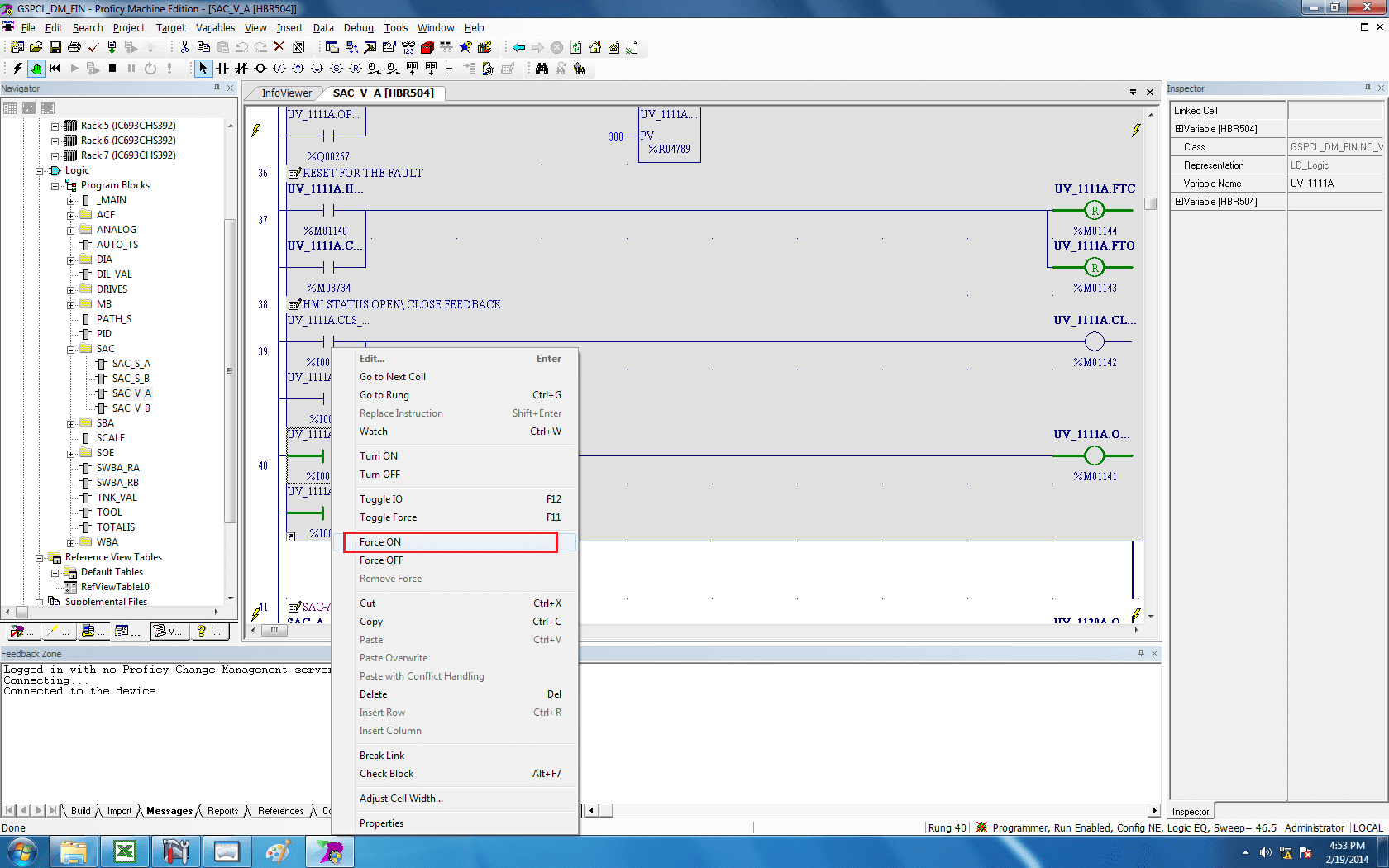 How to do Force in GE PLC Proficy Machine Edition?