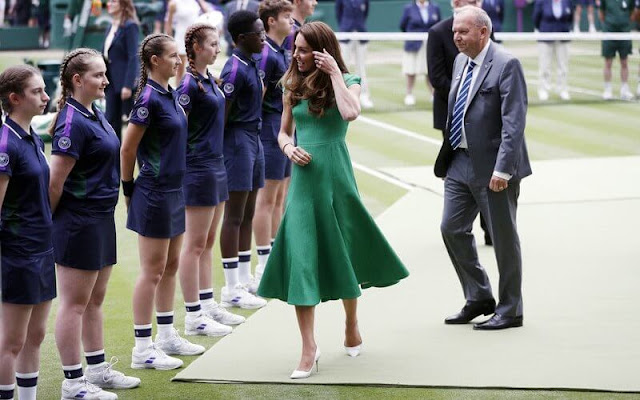 Kate Middleton wore a green denver cloqué midi dress from Emilia Wickstead. Kiki McDonough green tourmaline and green amethyst earrings