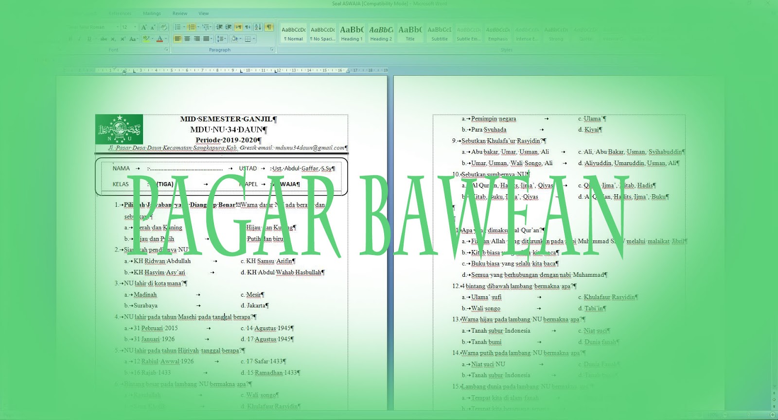 Contoh Soal Aswaja Madrasah Diniyah Terbaru 2020 Pagar Bawean