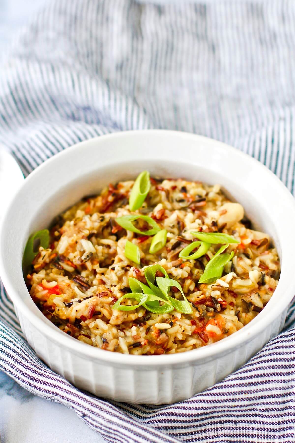 Chicken Pot Pie Soup Rice Casserole in a pan.