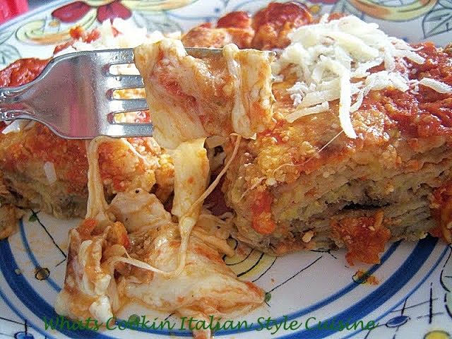 This is a layered casserole using eggplant and cheese similar to a lasagna without meat.