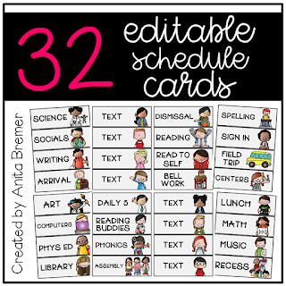 This pack includes 32 different editable schedule cards for your classroom. Perfect for displaying on a bulletin board or pocket chart to let students know the events of the school day! #classroomsetup #classroom #backtoschool #schedulecards #classschedule