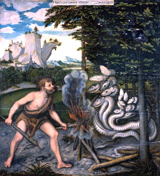 Hercules facing a multi-headed snake