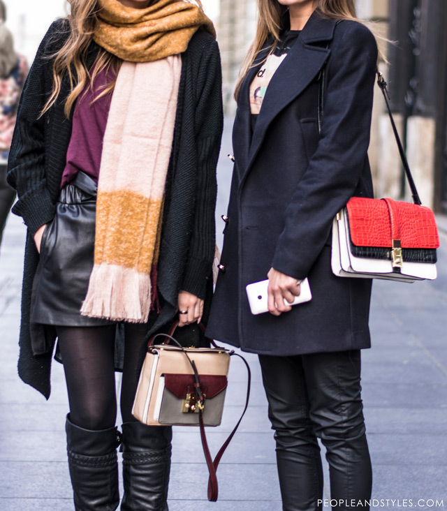 Dajana Bartolić i Marijana Kajkić, how to style black leather shorts, knee high boots and longline cardigan with colorful mini shoulder bag