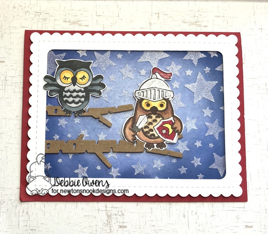 Debbie's card features Knight Owl, Frames & Flags,  Cascading Stars, Love Owl-ways, and Forest Scene Builder by Newton's Nook Designs; #newtonsnook