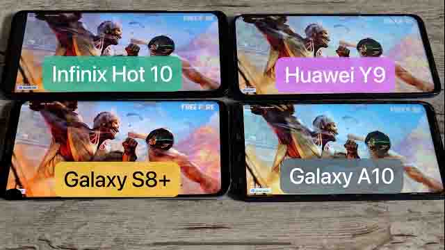 Freefire Galaxy S8 plus vs Huawei Y9 vs Galaxy A10 vs Infinix Hot 10 TEST SPEED GAMING 2021