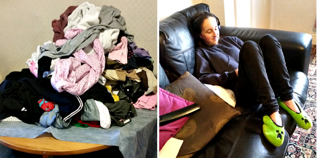 A pile of laundry on my dining room table and my teen sat on the sofa