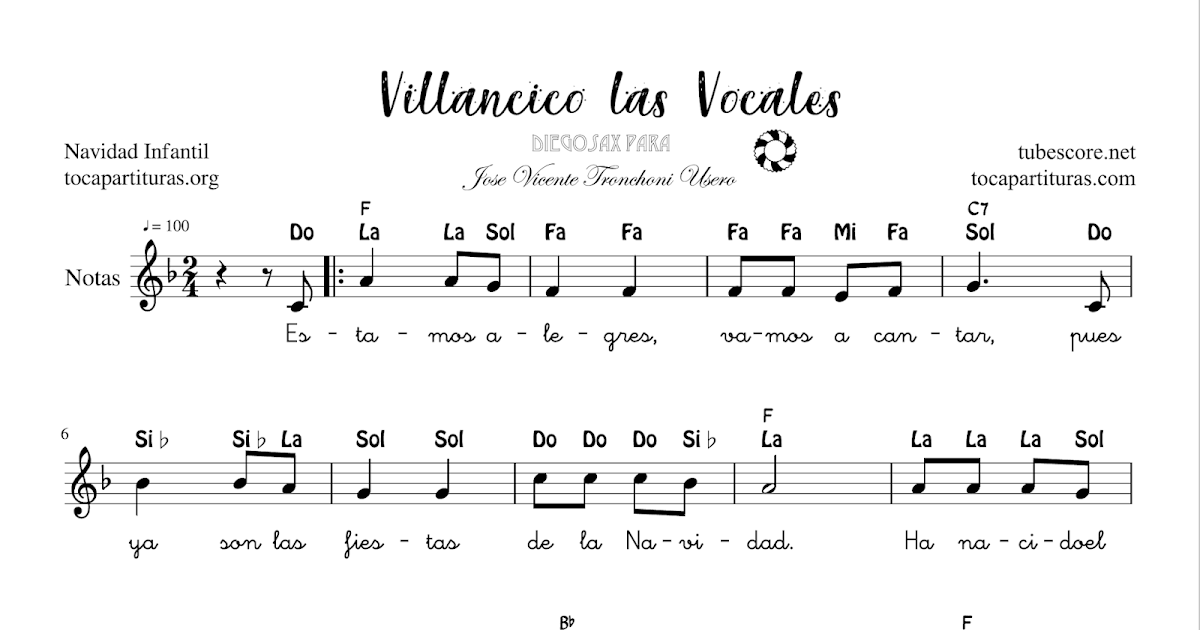 diegosax Villancico de las Vocales Partitura con Notas en letra de