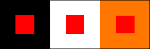 Context is everything when using red. For example, when red is place on a black background, it glows with an otherworldly fire; on a white background, red appears somewhat duller; in contrast with orange, red appears lifeless. Notice that the red square appears larger on black.  Regardless of how it is used in a design, a little bit of red goes a long way.