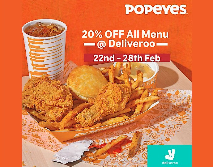 All Singapore Deals: Popeyes Less 20% All Menu On Deliveroo From 22 To