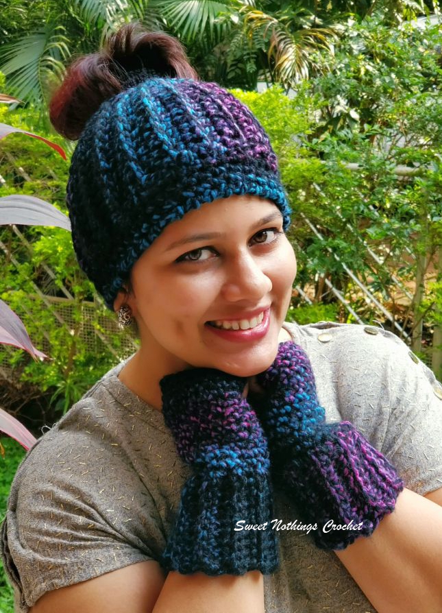 Sweet Nothings Crochet: ZEBRA MESSY BUN HAT with a pair of FINGERLESS ...