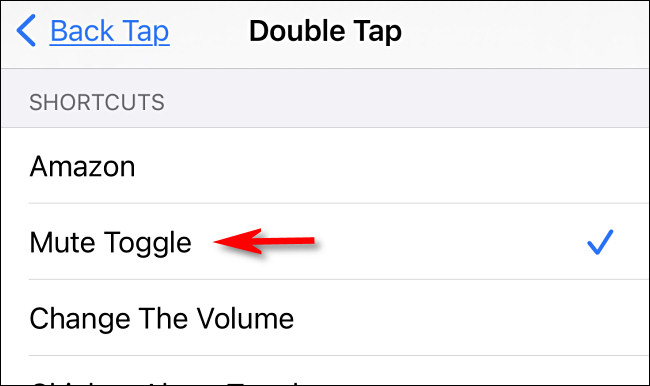 في إعدادات Back Tap على iPhone ، انقر فوق الاختصار الذي ترغب في استخدامه.