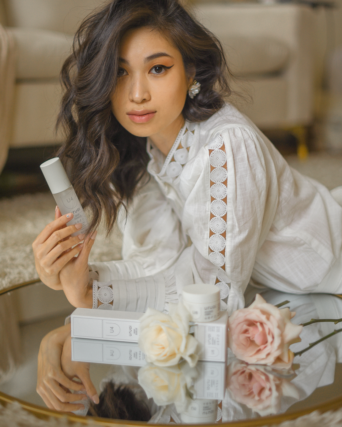 Floral beauty self-portrait, Uruoi Skincare - DENKA PURE HYALURONIC ACID TM, U-Series spring collaboration with blogger @forevervanny. Japanese clean beauty brand.