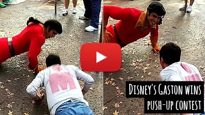Watch how Watch how Gaston the Town Hero of the Beauty and the Beast live up to his reputation at the Push-up contest on being challenged by a visitor at the Disney World Florida theme parka via geniushowto.blogspot.com viral disney videos
