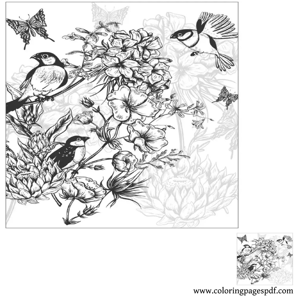 Coloring Page Of Realistic Birds In A Tree