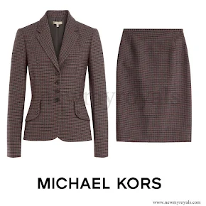 The Duchess wore Michael Kors Skirt Suit. The Virgin Wool Plaid Blazer is described as a "vintage-inspired equestrian silhouette" with notched lapels, long sleeves, four-button closure and plaid knit print.