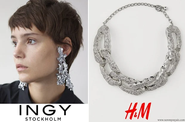 Crown Princess Victoria wore INGY STOCKHOLM handcrafted asymmetric earrings in silver and H&M Rhinestone detail necklace