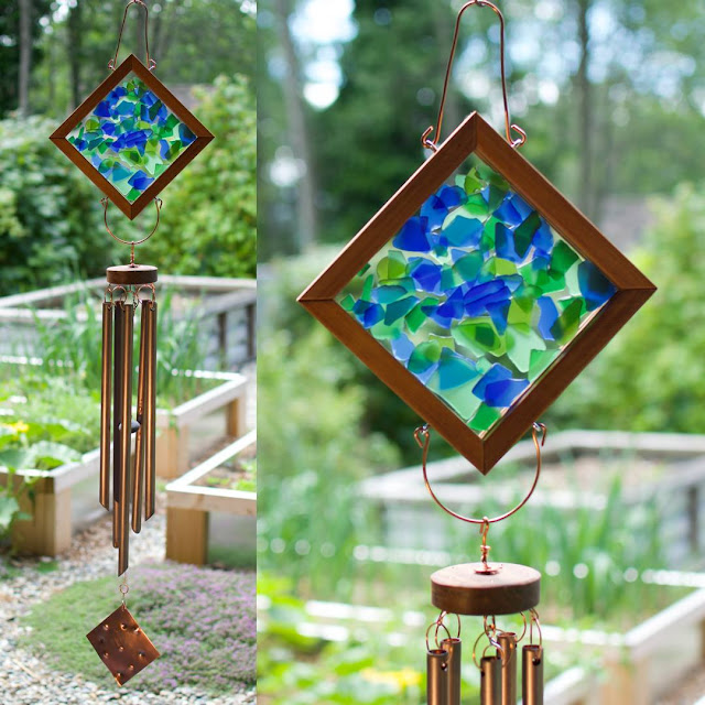 Blue green glass large outdoor copper wind chime