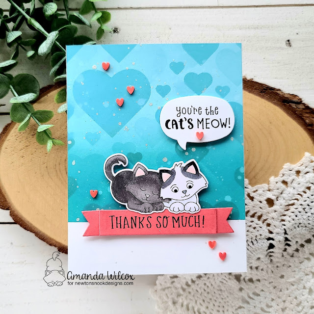 Kitty Themed Thank You Card by Amanda Wilcox | Captivated Kittens Stamp Set, Banner Trio Die Set, Bokeh Hearts Stencil Stencil Set, and Speech Bubbles Die Set by Newton's Nook Designs #newtonsnook