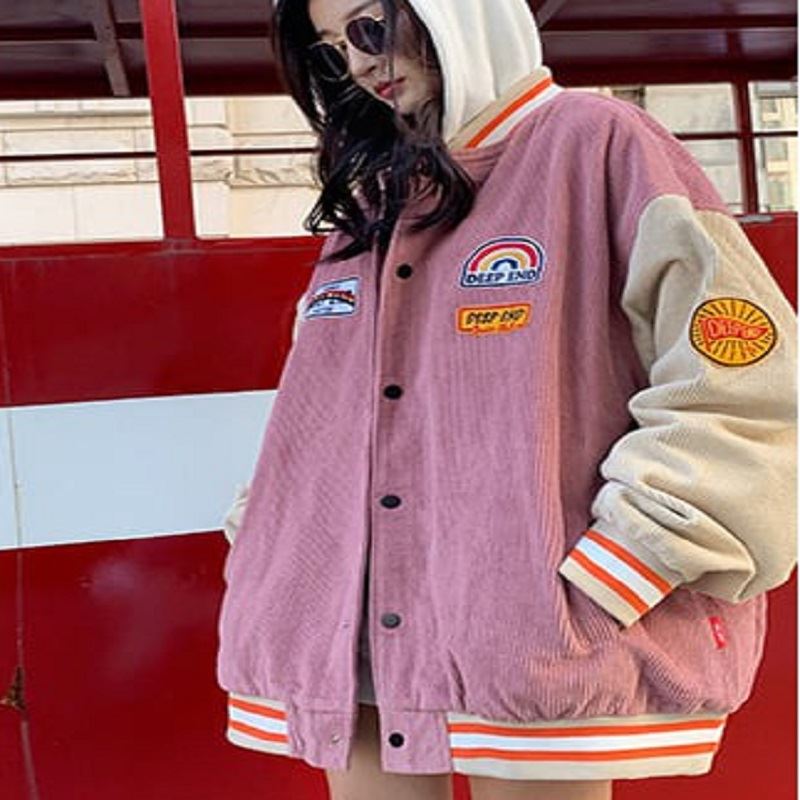 Áo Khoác Bomber Nhung Logo Cầu Vồng, Áo Jacket Khuy Bấm Tay Bo Phối Màu Form Rộng 4 Màu G064