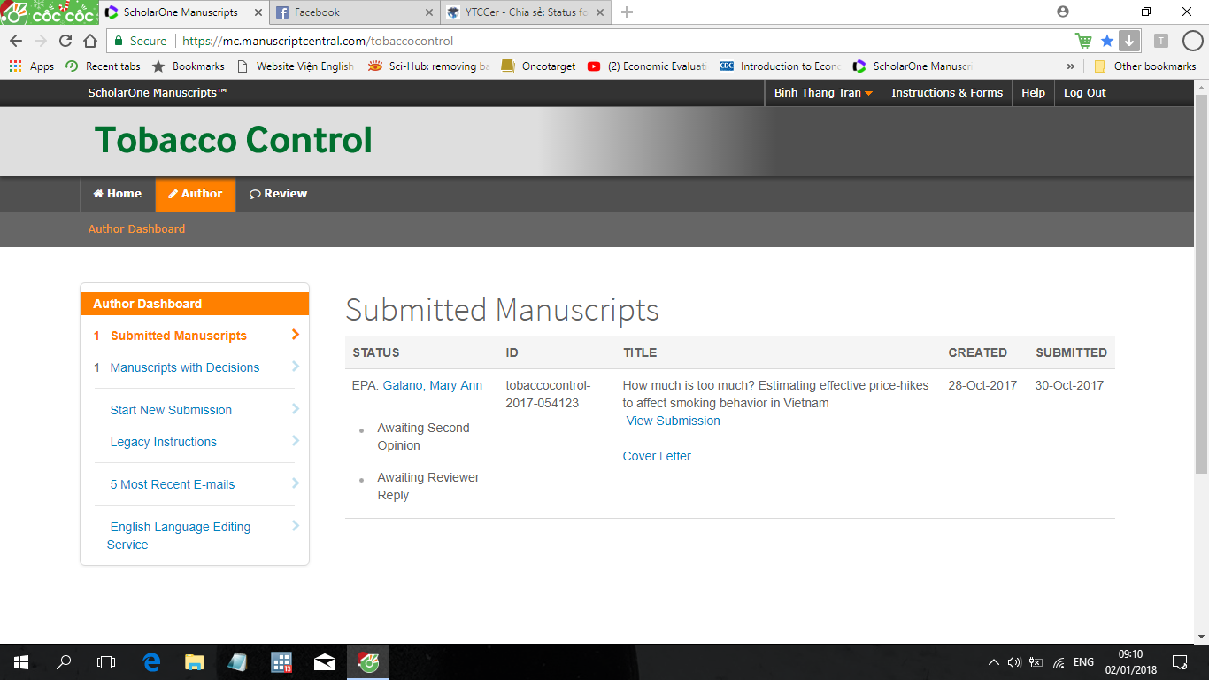 Status for review manuscript submission to journal