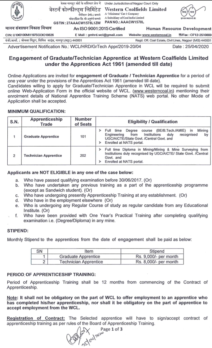 Engagement of Graduate/Technician Apprentice at Western Coalfields Limited under the Apprentices Act 1961 (amended till date),Jobs, ITI jobs, Technician Jobs, ITI Apprentice Recruitment, Western Coalfield Limited Recruitment,GrTech Appr/2019-20/04