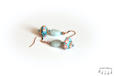 Boucles oreilles pâte polymère canne géométrique Mica Shift turquoise corail blanc Sculpey Cernit Fimo Stenna