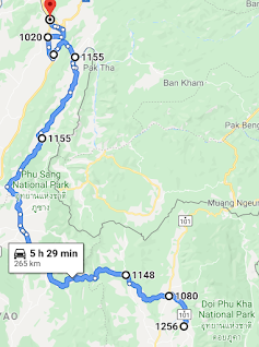 Route from Pua (North Thailand) to Huay Xai (Laos) By Google Maps