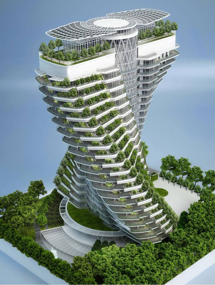 On the last and biggest parcel of land available for residential use in taipei city, vincent callebaut 's twisting, foliage-filled 'agora tower' will preside over the rest of the urban xinyin district. the architect, known for his distinct eco-vision, has designed a high-density space that aims at limiting the ecologic footprint of its inhabitants by forging a symbiotic relationship between the urban dweller and nature. tall planted balconies of suspended orchards, organic vegetable gardens and and medicinal greenery will take root in the high-performance building. in true cradle-to-cradle fashion, even the construction process transforms itself; industrial waste will be returned as a 'technical nutrient' to be indefinitely recycled. the helicoidal towers appropriate their form from the structure of DNA, conceptually speaking to the building blocks of life, as well as dynamism and twinning. four types of housing units form a full level allowing their twisting forms to optimize space for open-air hanging gardens. the angled apartments additionally offer exceptional views of the bustling city by multiplying the transversal views of the overall east-west rhomboidal pyramid. corbelled floors provide structure and privacy.