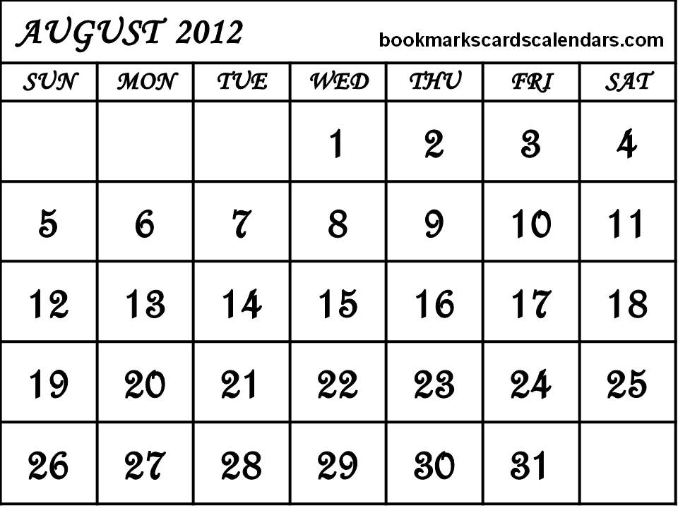 Free Calendars 2015, Bookmarks, Cards: calendar august 2012 printable - 4