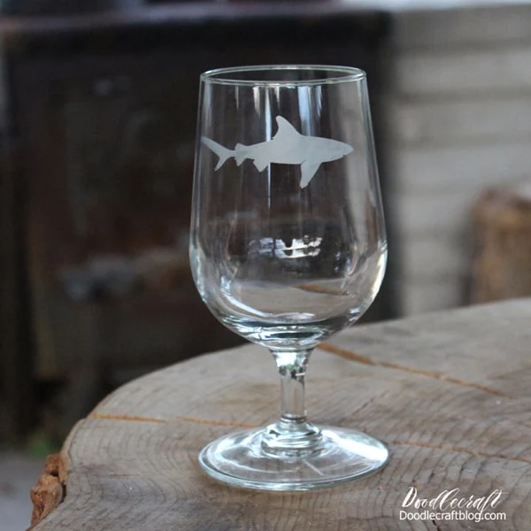 Etched glass wine glass with great white shark