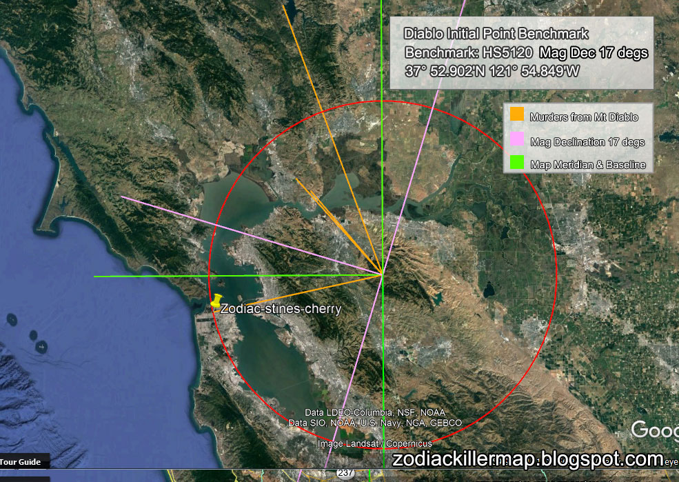 Zodiac Killer murder lines from Mt Diablo initial point