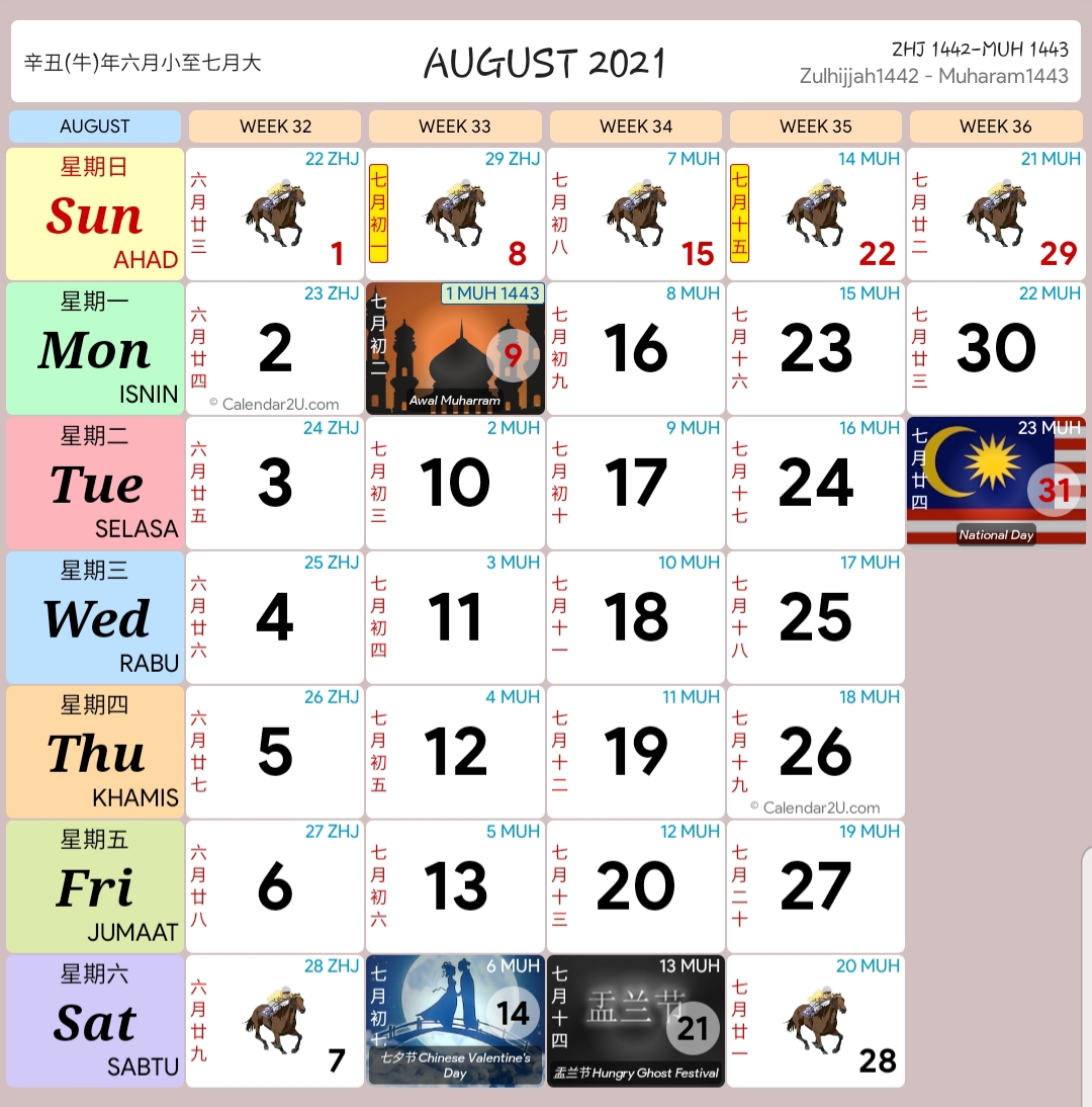 kalender kuda Malaysia bagi bulan 8 (august) tahun 2021