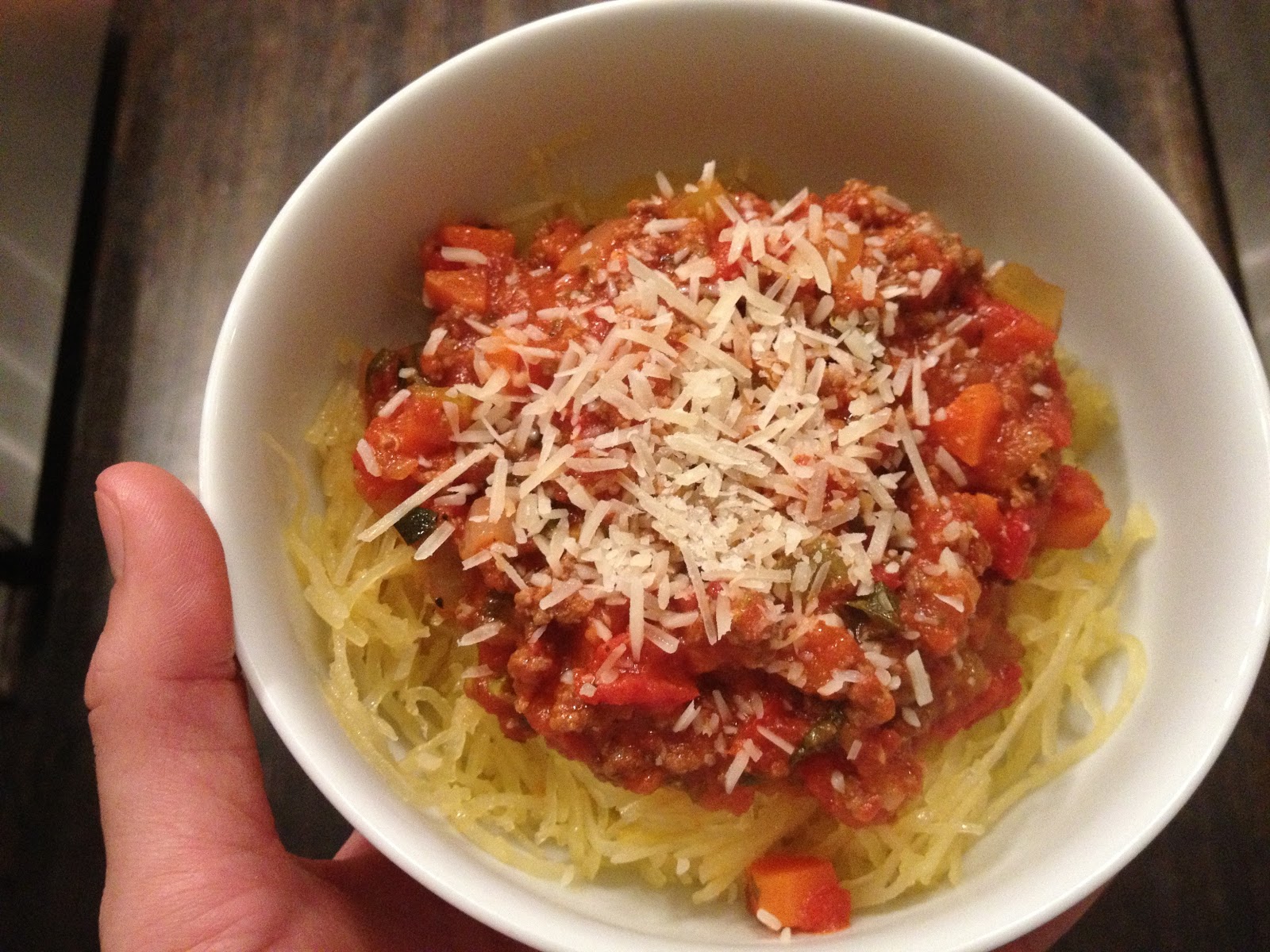 love, the porters spaghetti squash with marinara meat sauce.
