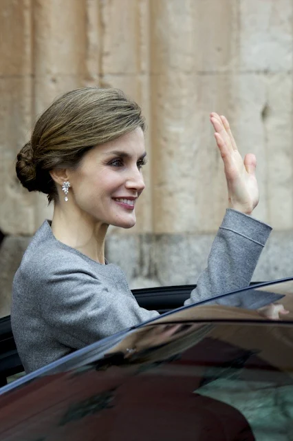 King Felipe VI of Spain and Queen Letizia of Spain attend investiture of honorary doctors by Salamanca's University at Paraninfo of Salamanca's University on April 5, 2016 in Salamanca. Queen Letizia tiara, diamond, wedding dress, jewelery, diamond earrings