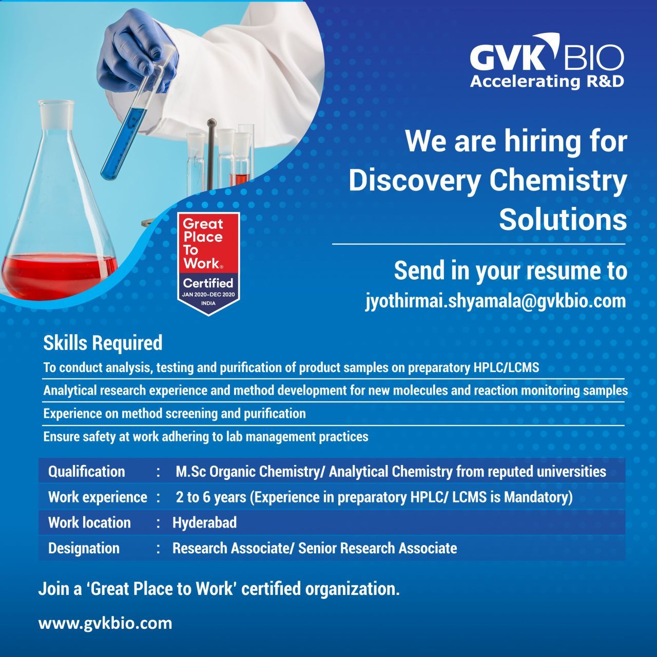 GVK BIO Multiple Requirements of Research Associate / Sr. Research