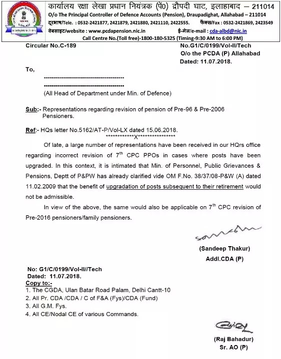 7th CPC Pension Revision  – Benefit of upgradation of posts subsequent to retirement not admissible: PCDA Circular No. C-189