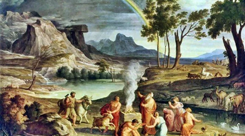 ilustração do sacrifício oferecido por Noé e a família pela salvação de todos após o dilúvio devastar toda a terra