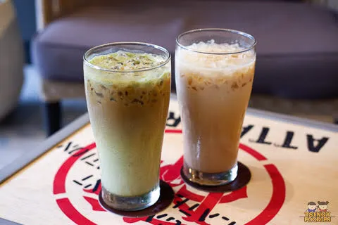 cbtl matcha macchiato and caramel macchiato