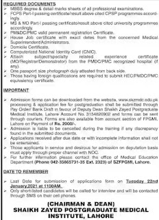 Sheikh Zayed Postgraduate Medical Institute, Lahore Admissions