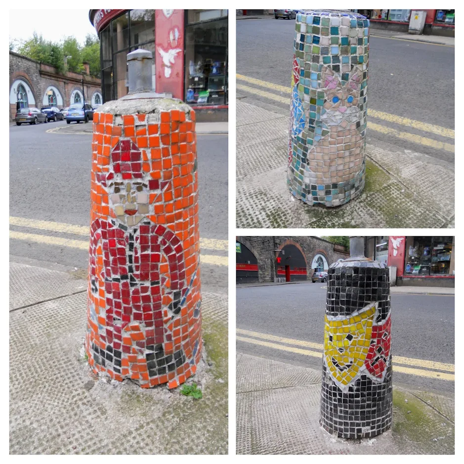 Things to see in Glasgow Scotland: Mosaic bollards near Glasgow Green