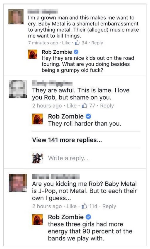 Rob Zombie standing up for BABYMETAL against haters on Facebook