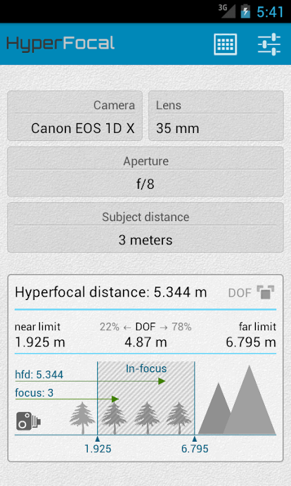 HyperFocal Pro calculate settings of camera