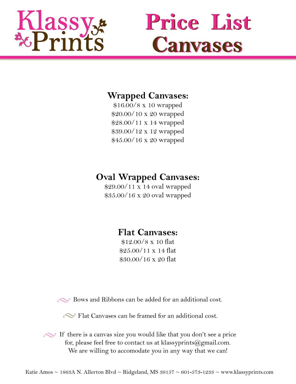 Price List - Canvases